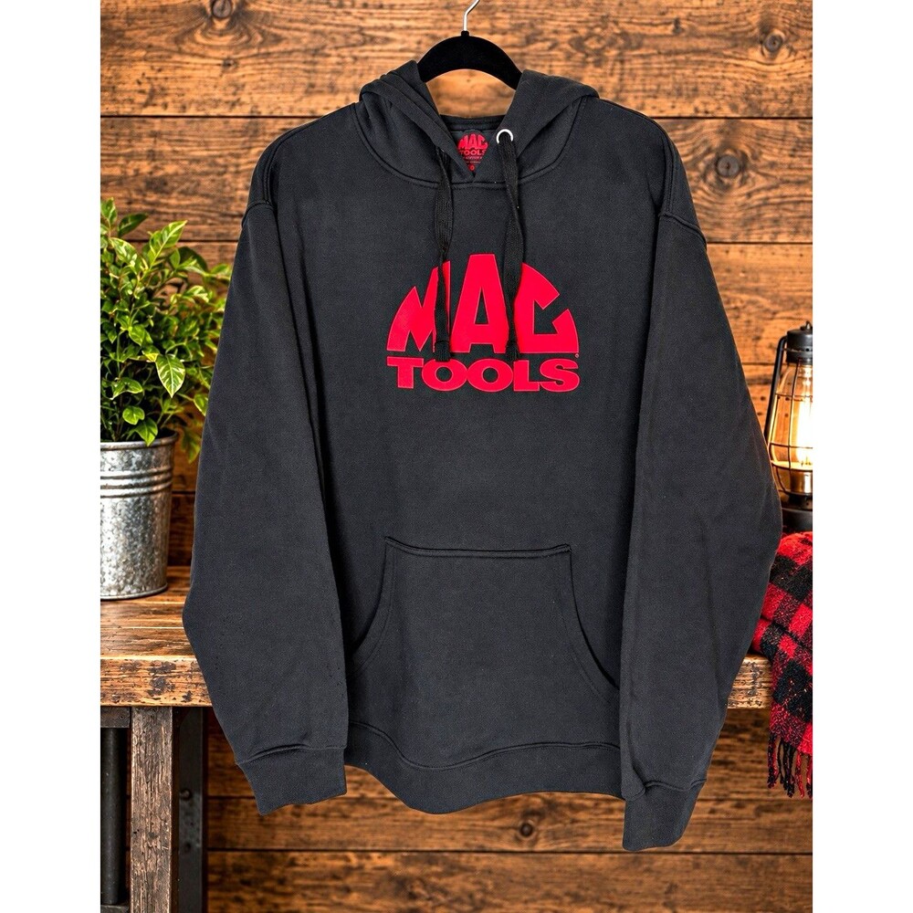 MAC Tools Men's Black Pullover Hoodie L Graphic Logo Pockets Drawstring NWOT
